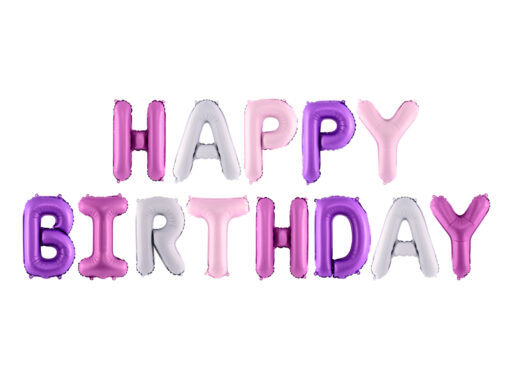 Folienballonbuchstaben Happy Birthday, hell-dunkelrosa, lila, violett