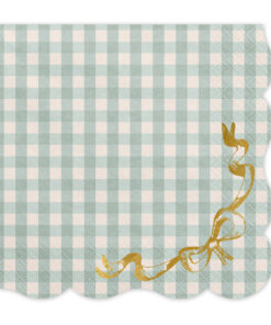 Papierservietten mit grünem Karomuster und goldener Schleife