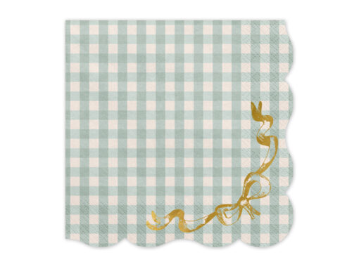 Papierservietten mit grünem Karomuster und goldener Schleife
