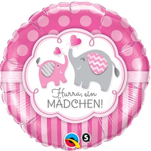 Folienballon Hurra, ein MÄDCHEN! rosa/graue kleine Elefanten
