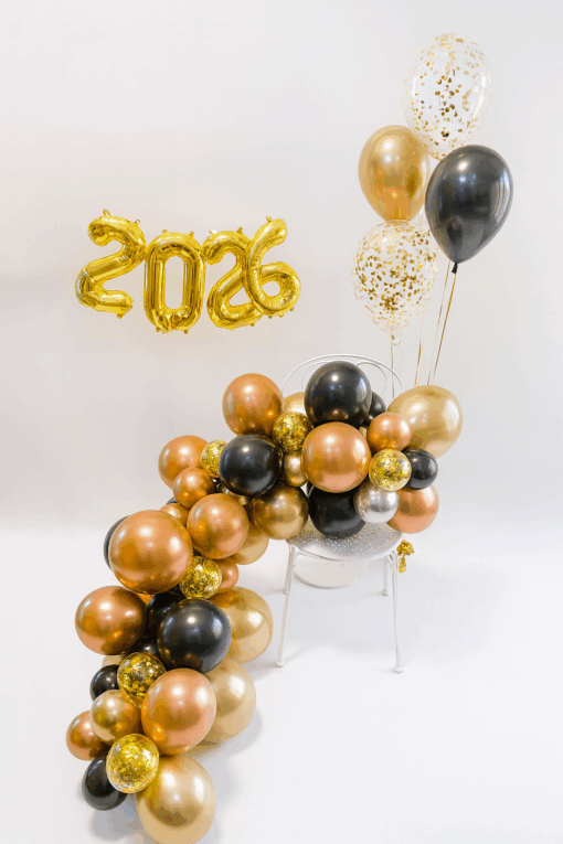 Silvester Set: Ballongirlande "Golden Copper" + Konfetti-Strauß +2026