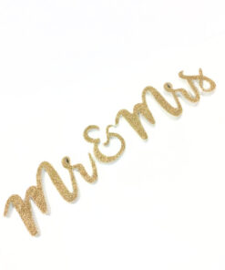 Mr & Mrs Holzdekoration, weiß,  Vorderseite Goldglitzer, zum Aufstellen