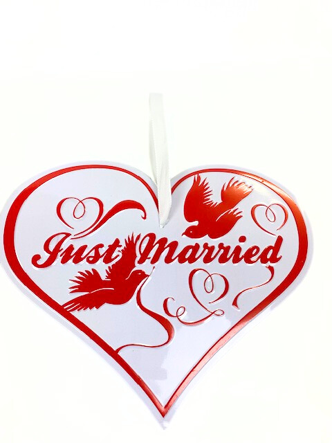 Metallschild Herz "Just Married", rot/weiß