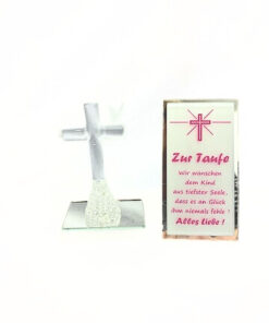 Glaskreuz und Spruchtafel zur Taufe zum Aufstellen