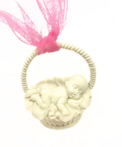 Tischdekoration "Baby schlafend im Korb" rosa